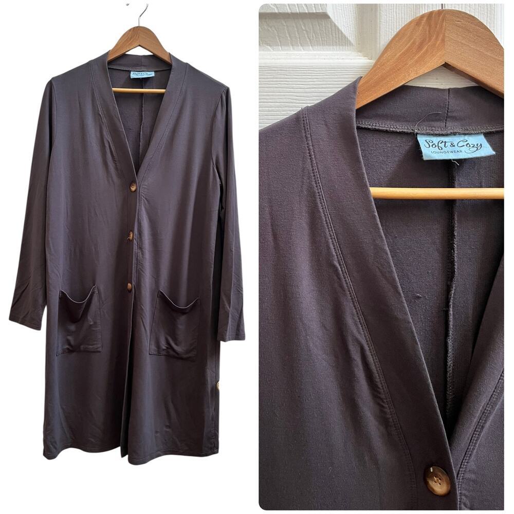 Soft & Cozy Loungewear V Neck Pocket Button Closure Robe Size Medium Gray Taupe